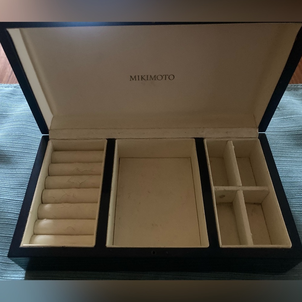 Mikimoto dark blue, lacquer jewelry box with compartments.